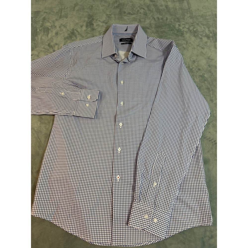 Nautica Mens Slim Fit Blue White Micro Check Long Sleeve Button Down Shirt 0732